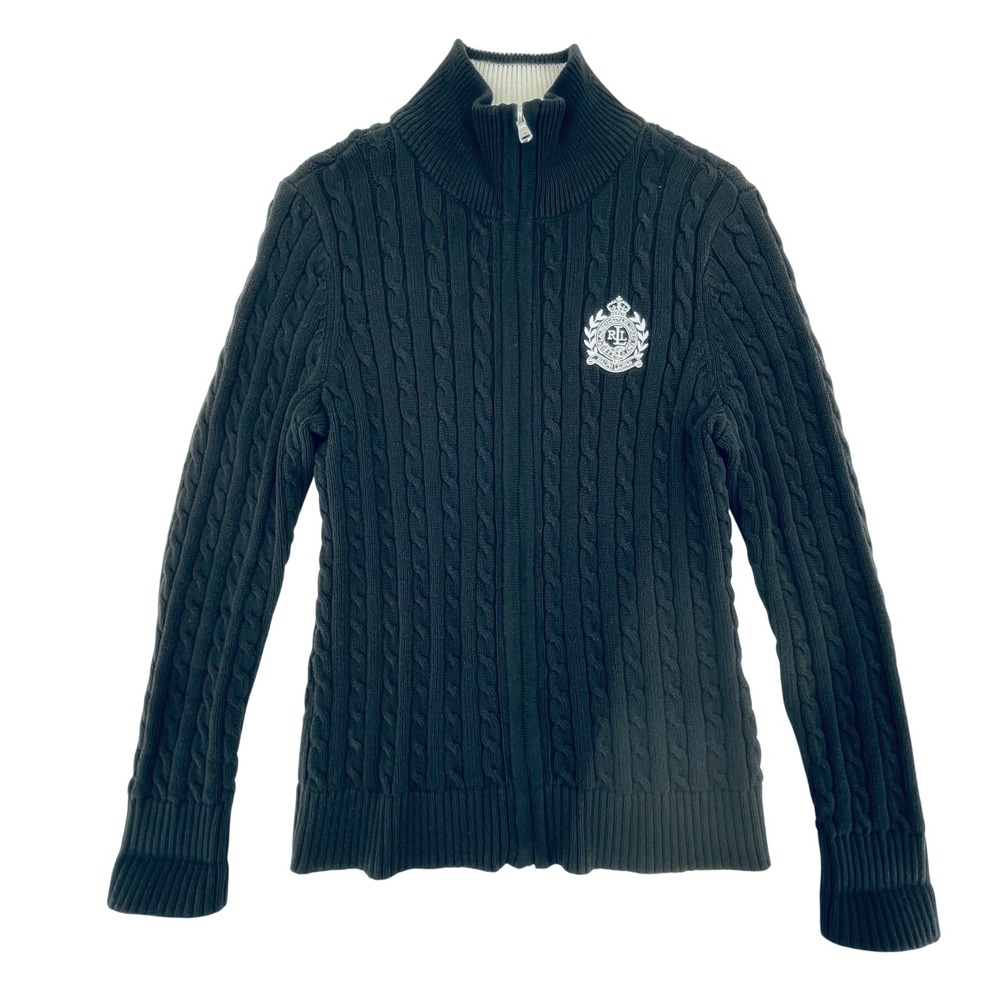 Lauren Ralph Lauren Women's Cable Knit Sweater Sz. M Full Zip Mock Neck Academia